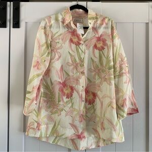 iLinen Floral Linen Blouse M Tropical Button Front Top w Pockets NWT